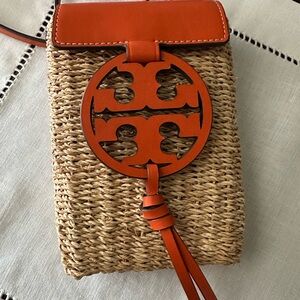 Tory Burch Orange & Tan Woven Miller Phone Crossbody Bag